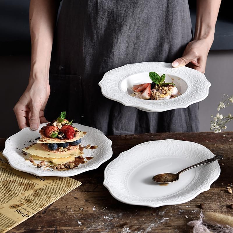 SOUJOY Set of 6 Salad Plate, 8 Inch Porcelain Dessert Serving Plates, Embossed Printing Small Dinner Dish for Pancakes, Steak, Microwave, Dishwasher Safe