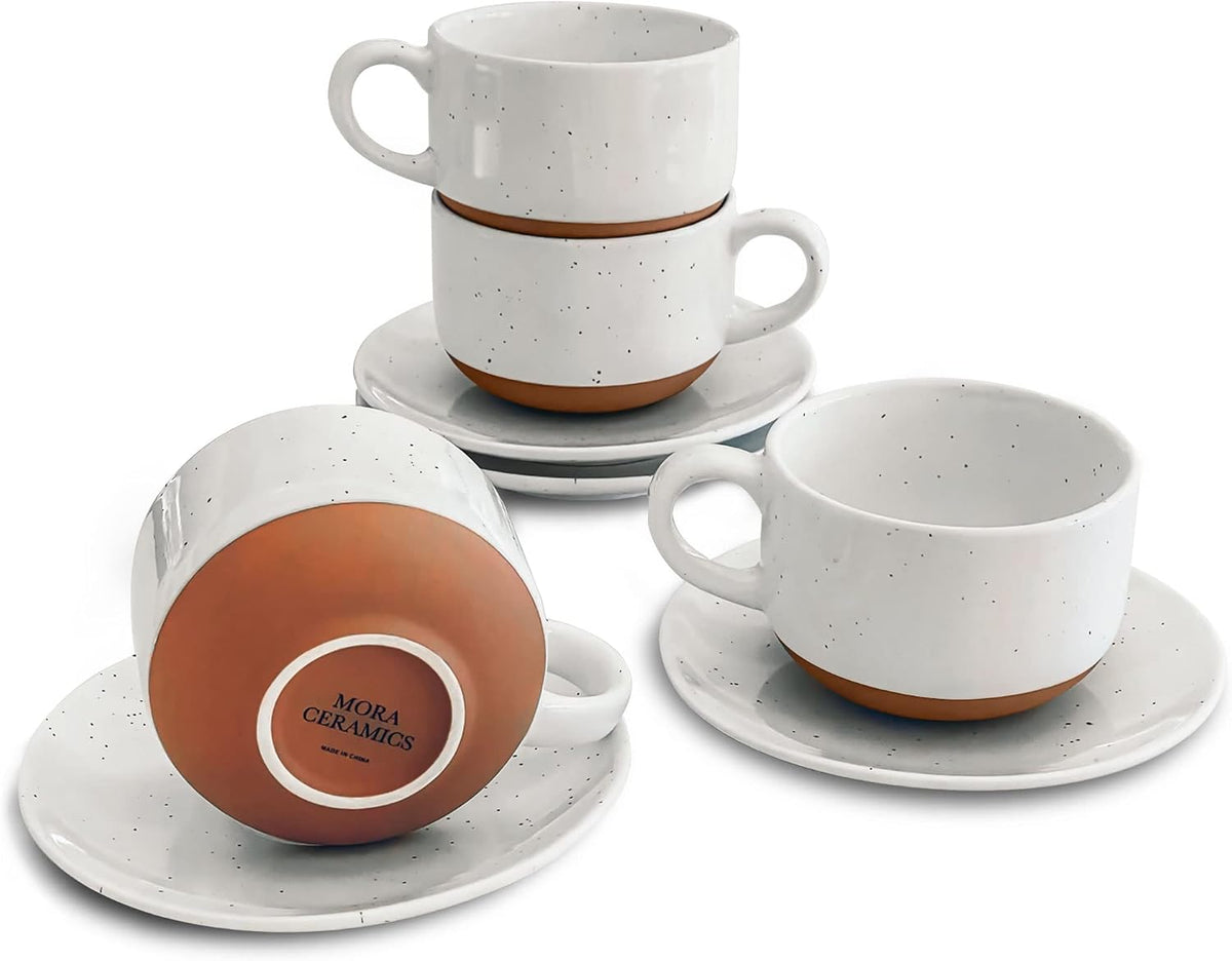 MORA Ceramics 8oz Cappuccino Mug Set of 4 - Ceramic Coffee Cups with Saucers - Microwave and Dishwasher Safe, Perfect For Tea, Espresso, Latte - Porcelain Mugs for Kitchen or Cafe - Vanilla White