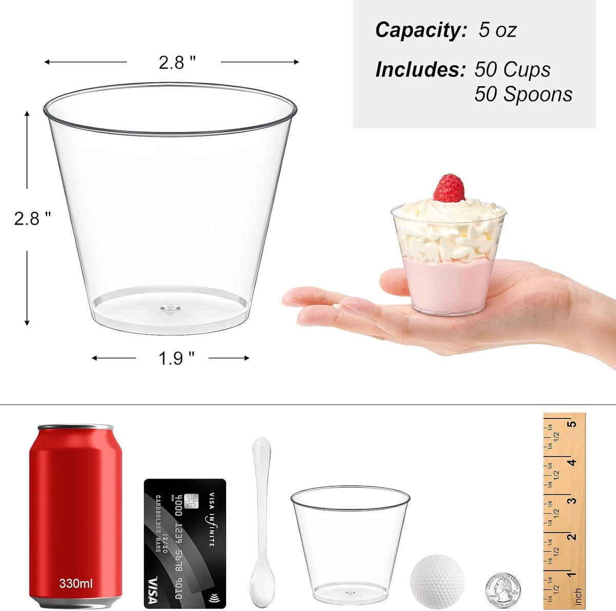 50 Pack 5 oz Plastic Dessert Cups with Spoons, Mini Mousse Cup Round Pudding Cups Party Serving Bowl for Cocktails Appetizers Fruit Parfait and Trifle