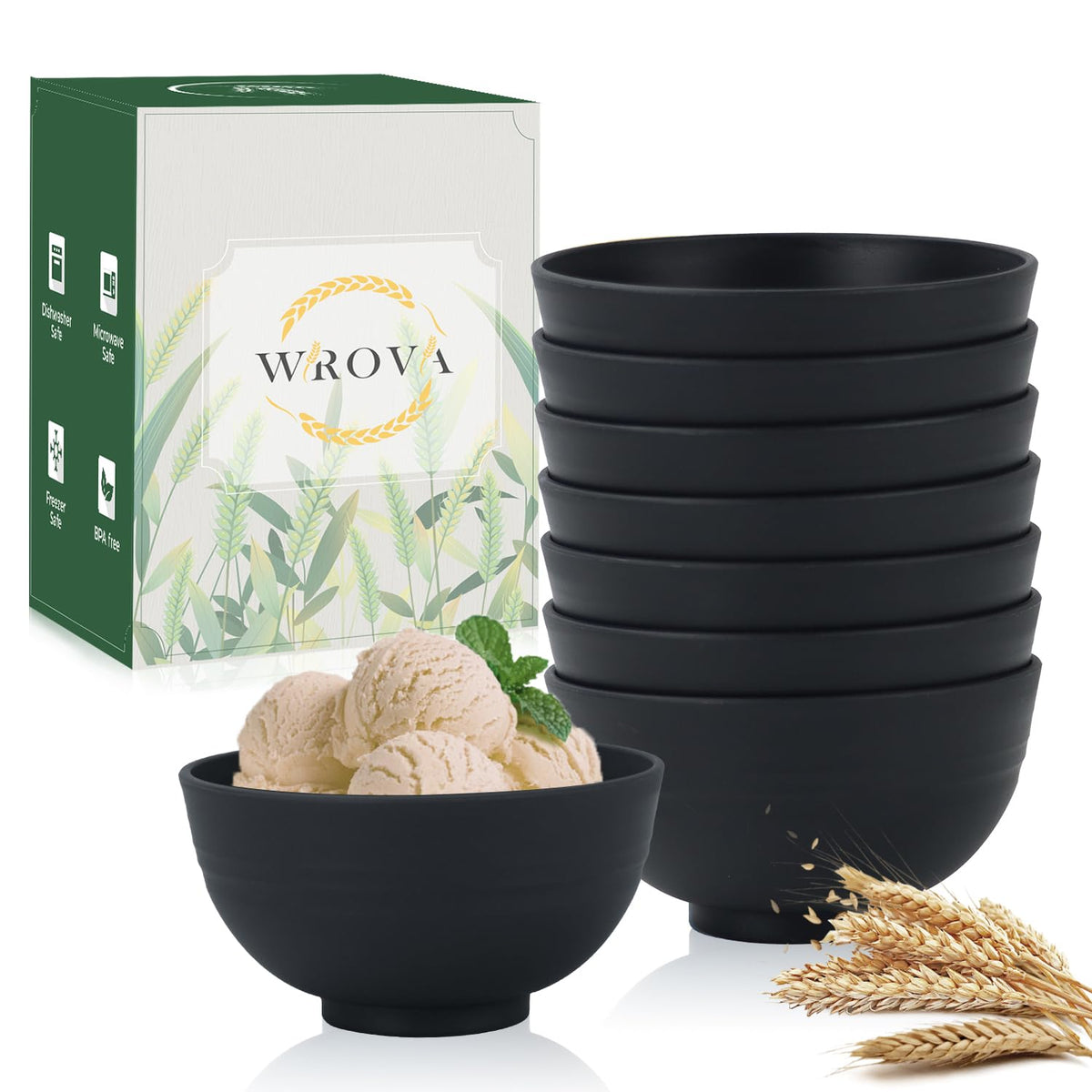 Wrova Wheat Straw Bowls Set 60 OZ Unbreakable Large Cereal Bowls Set of 6 Microwave and Dishwasher Safe Bowls Big Bowls for Camping and Picnic BPA Free Soup Bowl for Serving Oatmeal and Salad. Black