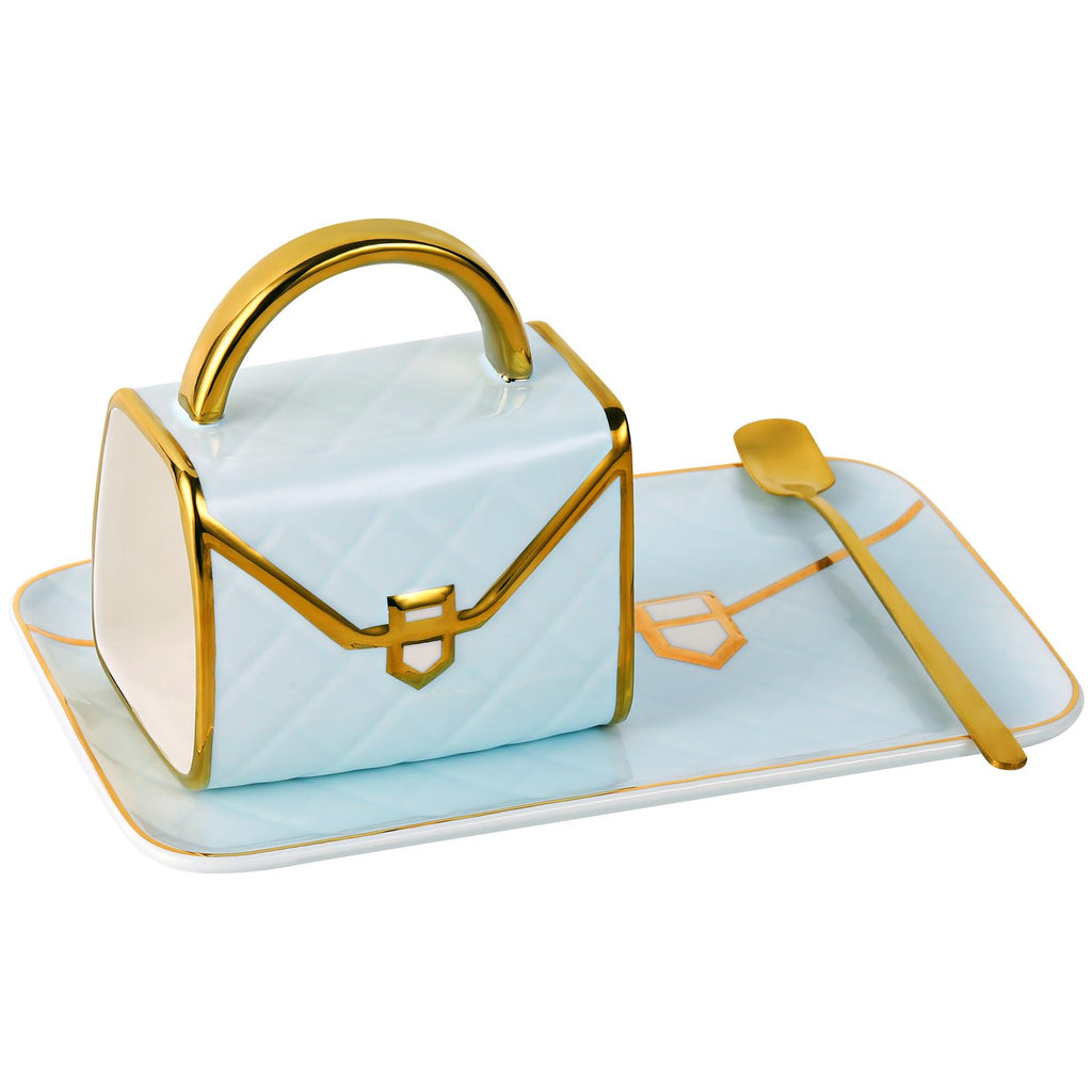 Handbag Coffee Mug Set,Four 10 oz Ceramic Cups with Saucers & Spoons