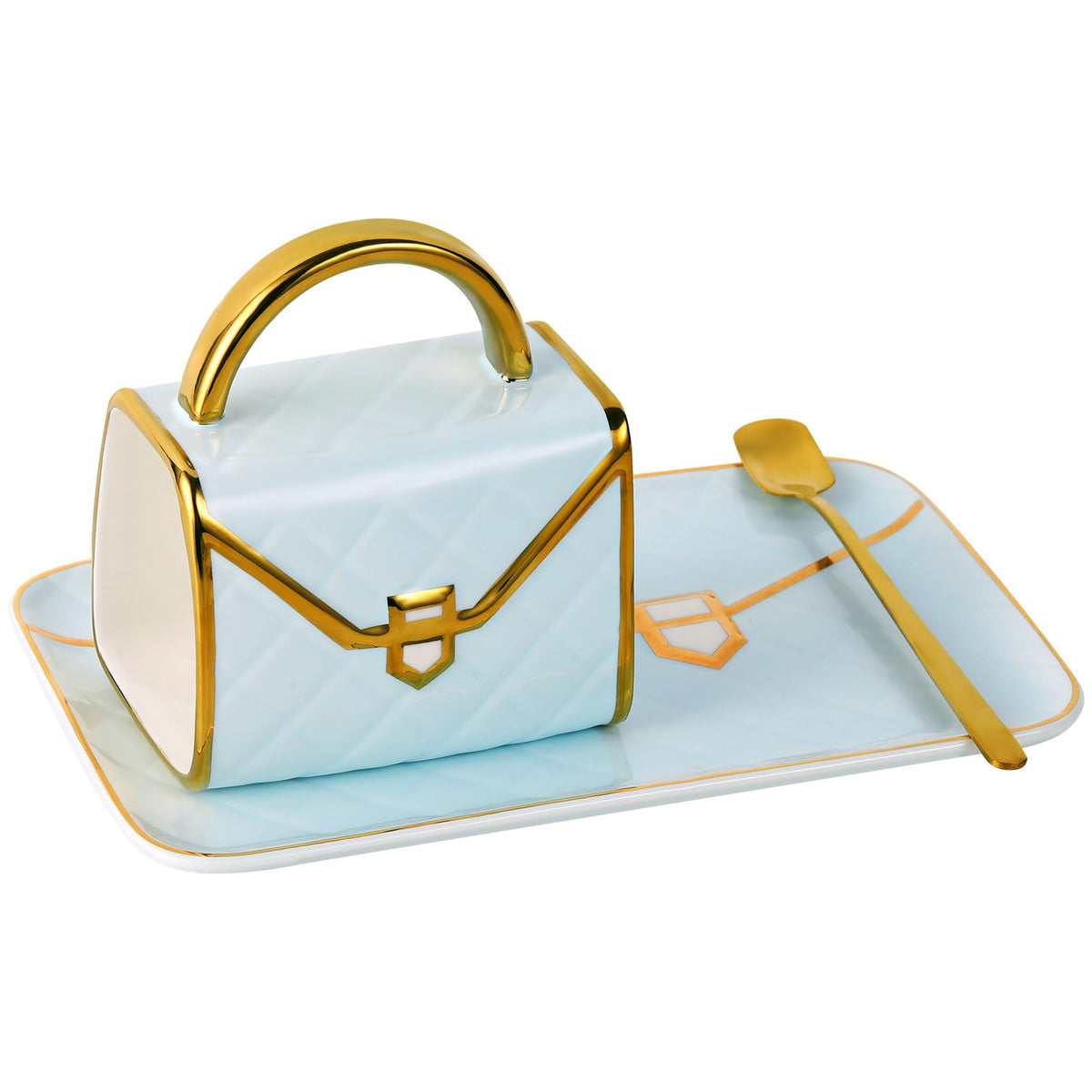 Handbag Coffee Mug Set,Four 10 oz Ceramic Cups with Saucers & Spoons