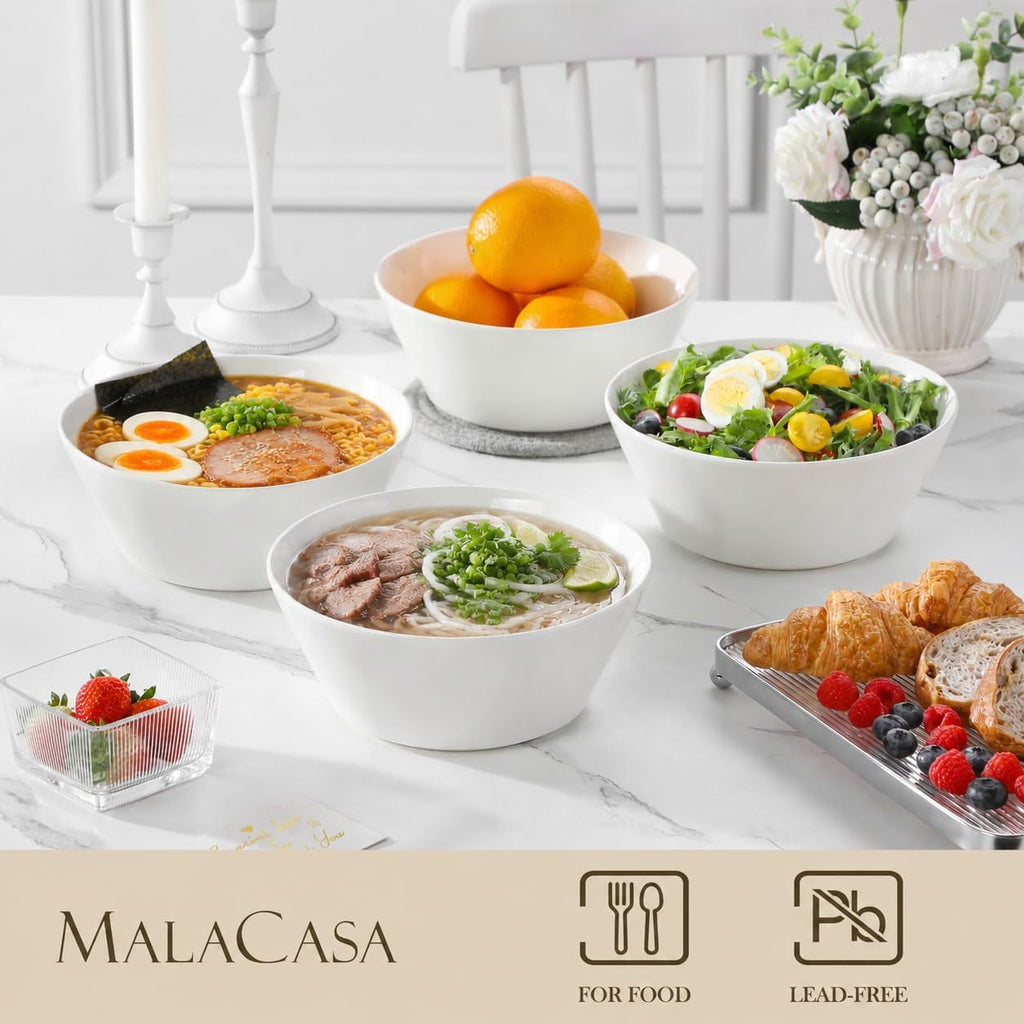 MALACASA 60 OZ Large Salad Soup Bowls Set of 4, White Ceramic Bowls