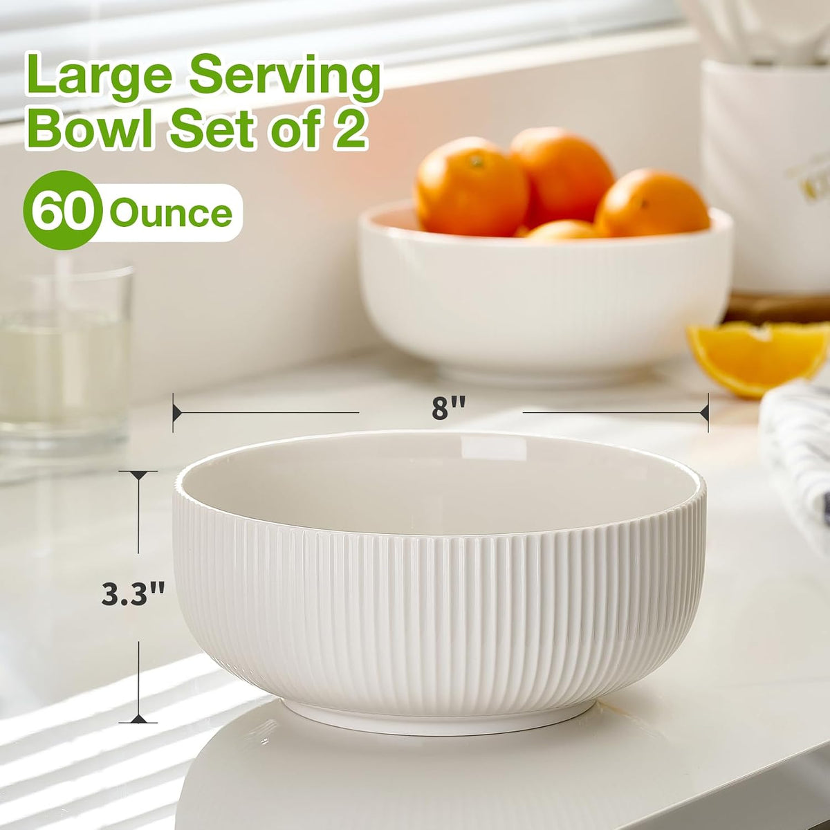 Mfacoy 2 Pack Salad Bowl, 8 inch 60 oz Large Serving Bowl Set, Deep Bowl for Kitchen, White Ceramic Bowl Set for Soup, Cereal, Ramen, Pasta, Salad, Dishwasher & Microwave Safe, Easy Clean