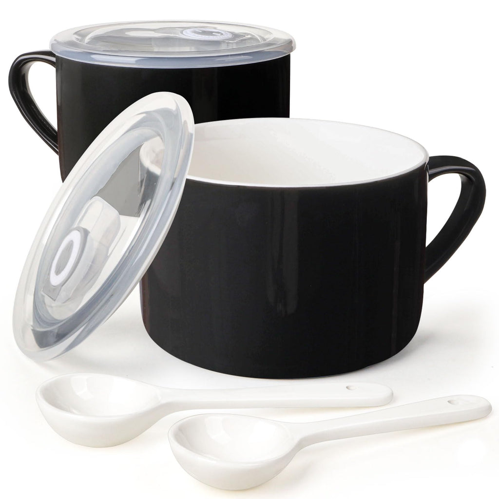 Soup Bowls with Handles & Spoons, 30oz Ceramic Ramen Bowl with Lid, Large Soup Mugs/Cups for Instant Noodle, Big Cereal Bowls for Oatmeal, Soup Containers with Lids, Set of 2, Sky Blue