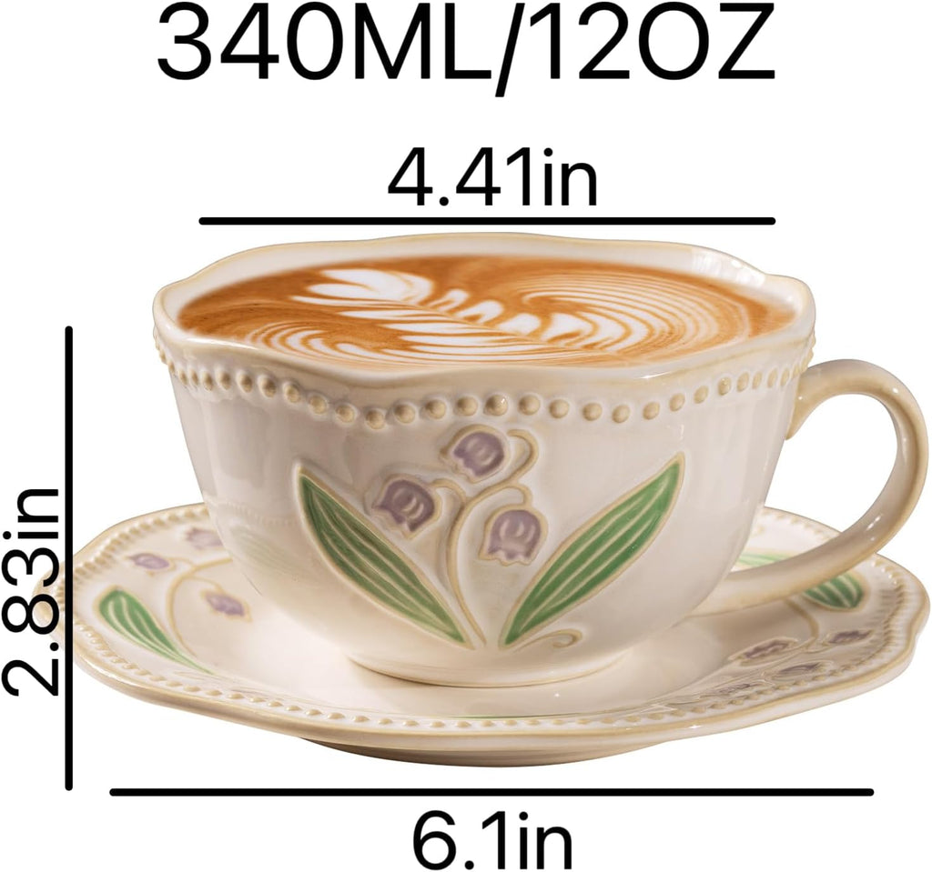 12oz Valley Ceramic Coffee Cup & Saucer Set for Cappuccino Tea Mug