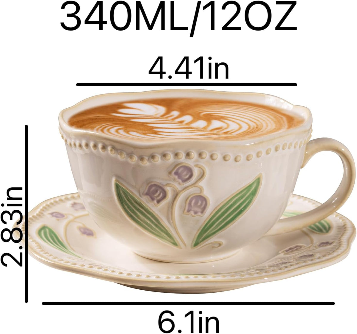 12oz Valley Ceramic Coffee Cup & Saucer Set for Cappuccino Tea Mug