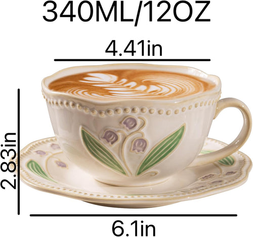 12oz Valley Ceramic Coffee Cup & Saucer Set for Cappuccino Tea Mug