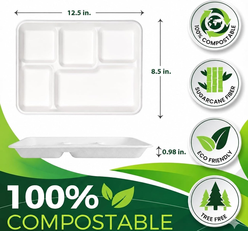 Large 5-Compartment Plate Disposable(12.5"x8.5"), 100 Plates, Disposable Paper Tray, Compostable Divided Dinner Plates, Paper Tray for Food and Party