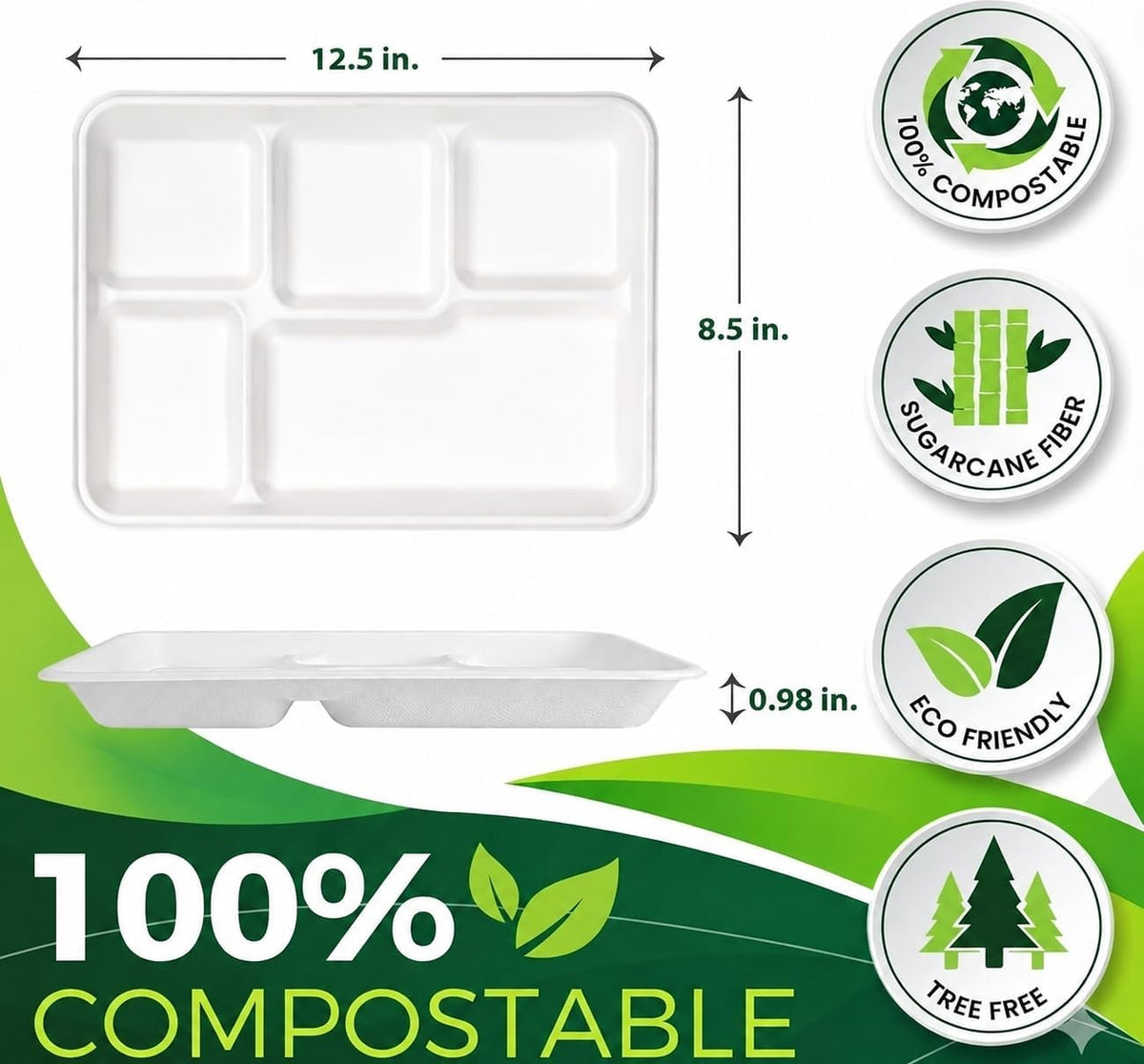 Large 5-Compartment Plate Disposable(12.5"x8.5"), 100 Plates, Disposable Paper Tray, Compostable Divided Dinner Plates, Paper Tray for Food and Party