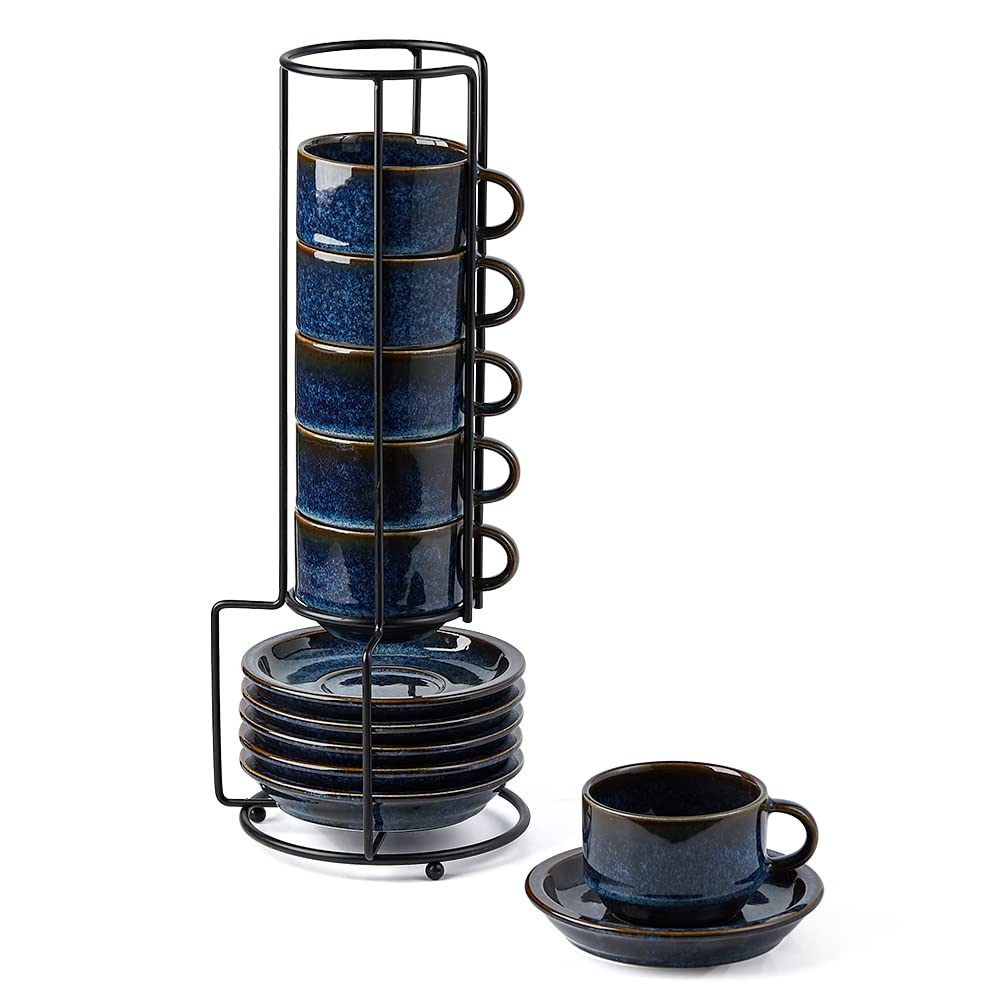 JIEMEI HOME Porcelain Stackable Espresso Cups with Saucers and Metal Stand, 4 Ounce Demitasse Cups for Specialty Coffee Drinks, Latte, Tea Set of 4, Stackable Espresso Mugs, Kiln Tide Glaze