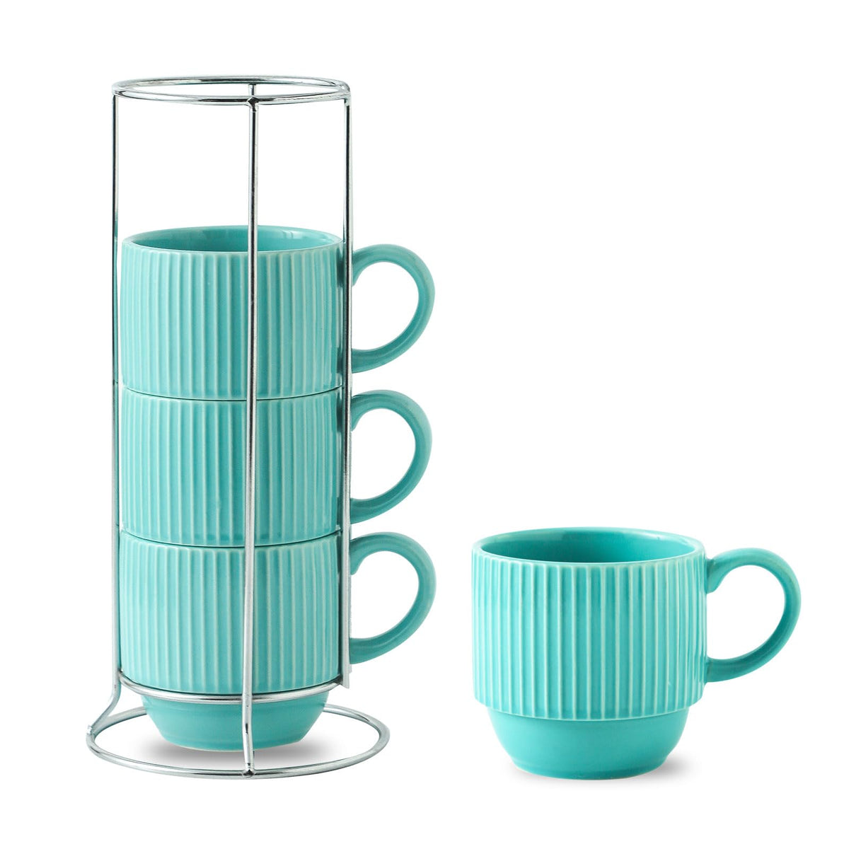 HASENSE Coffee Mug Ceramic Set of 4 with Stand, Stackable Large Latte Cups with Metal Stand, Dishwasher & Microwave Safe, Black for Cappuccino Tea Hot Cocoa