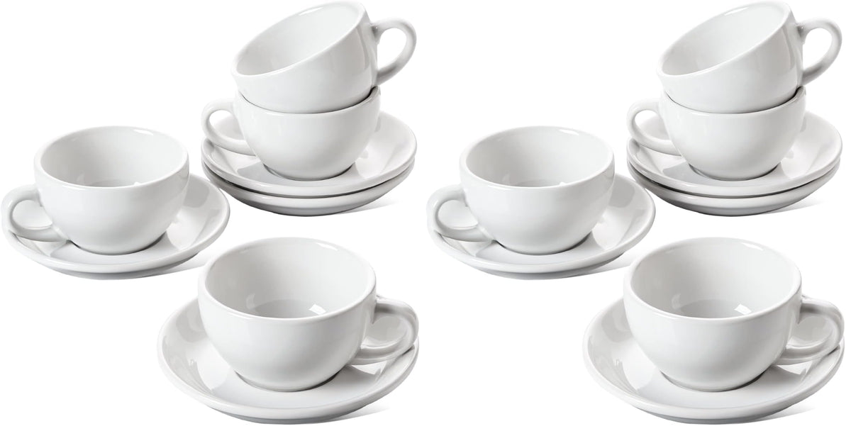 LE TAUCI 6 oz Cappuccino Cups with Saucers, Set of 4 Ceramic Coffee Cup and Saucer Set for Latte, Au Lait, Flat White, Mocha, Tea, Embossed Coffee Cups, Ceylon Blue