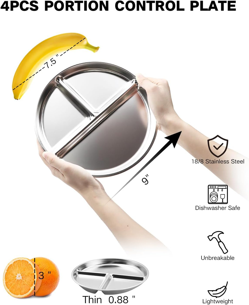 Bakpoco Stainless Steel Kids Plates Set of 4, 9" Portion Control Plates Divided Plate for Adults Toddlers Balance Lunch, Bariatric & Diabetic Diet, Non Toxic Camping Metal Snack Plate for Eating