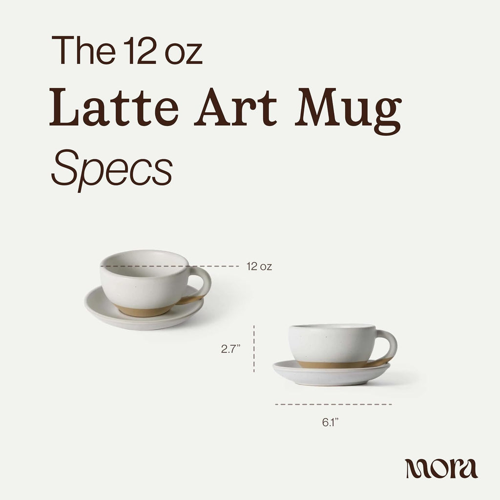 MORA Ceramic Latte Art Mug With Saucer - 12 oz, Round Bottom For Perfect Pours - Cafe Cups for Cappuccino, Espresso, Coffee, Tea etc - Porcelain Set for Baristas, Great Gift - Oat
