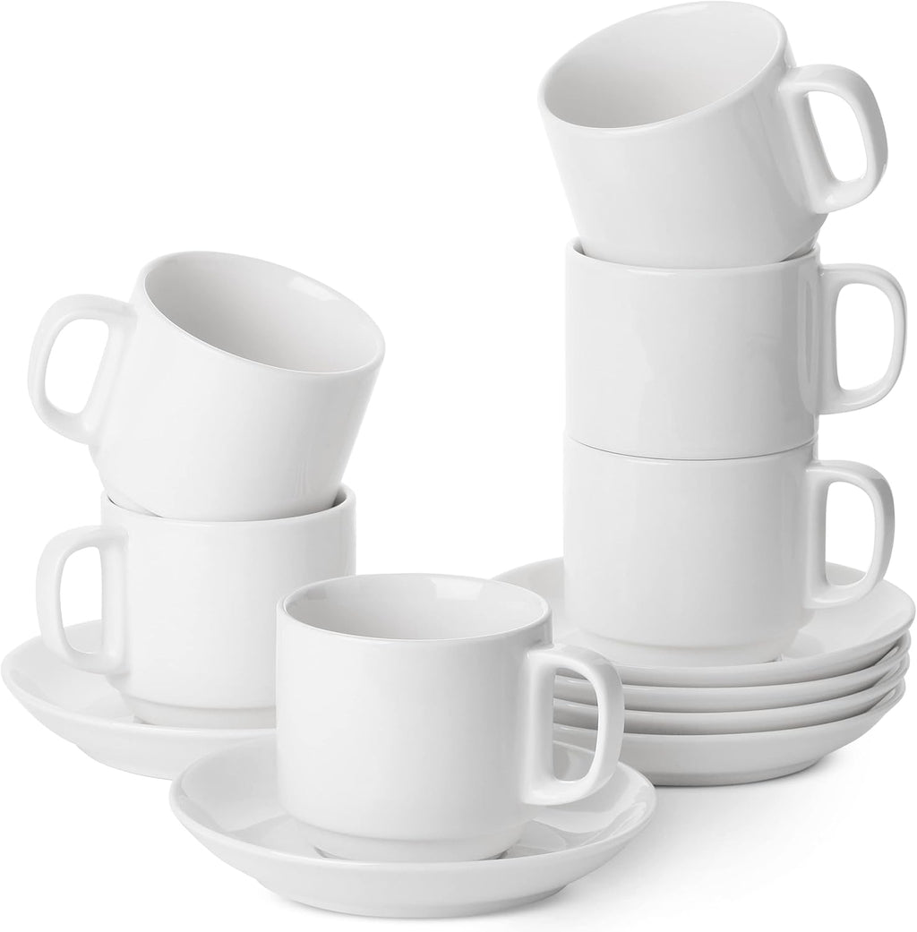 BTaT- Stackable Tea Cups and Saucers, White, Set of 6 (8 oz), Cappuccino Cups, British Coffee Cups, Porcelain Tea Set