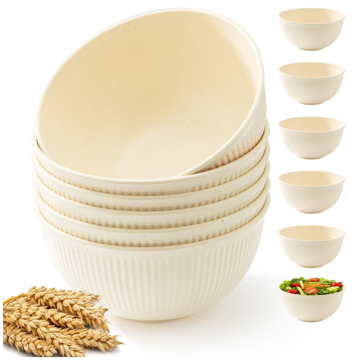 Unbreakable Cereal Bowls 24 oz, Plastic Reusable Light Weight Bowl, Set of 6,Lightweight Bowls Made of Wheat Straw Fiber Ideal for Salad, Soup, Ramen, Noodles, Oatmeal, Rice,Snack