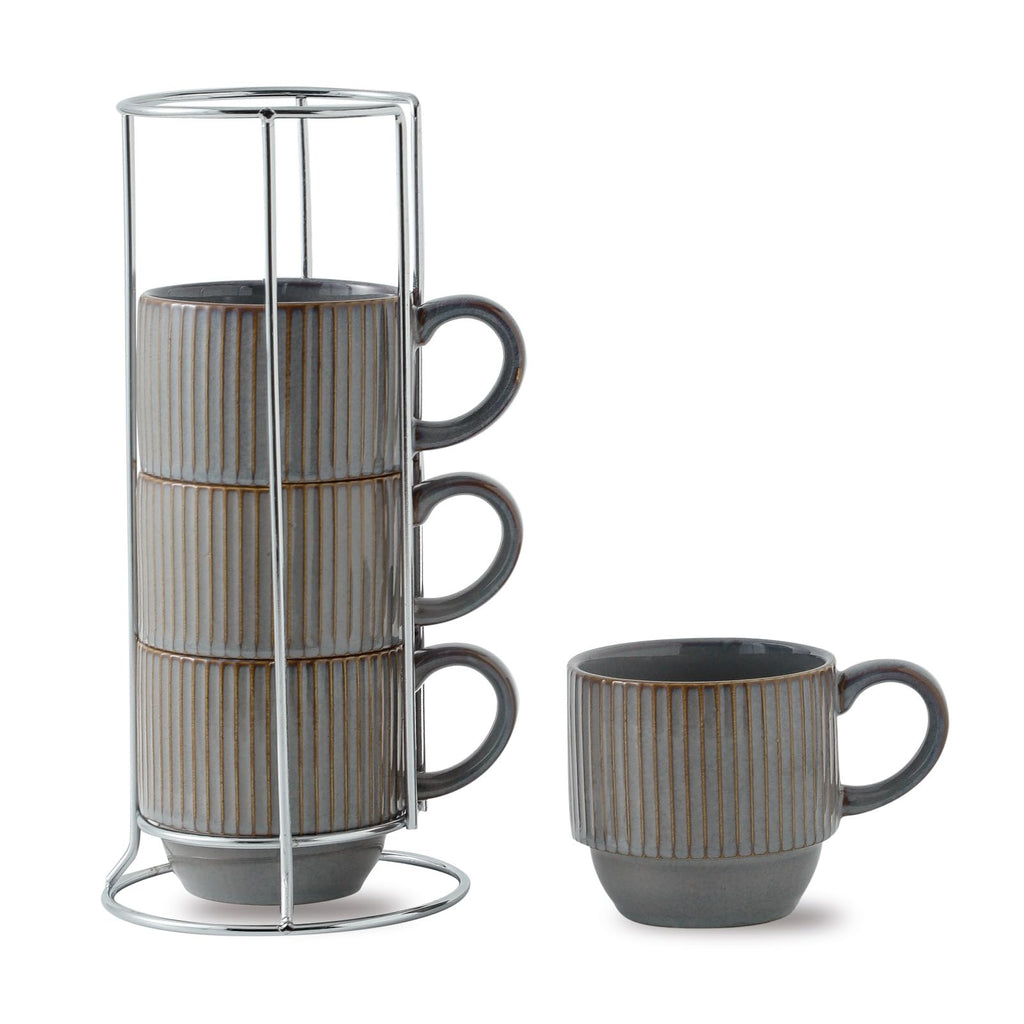 HASENSE Coffee Mug Ceramic Set of 4 with Stand, Stackable Large Latte Cups with Metal Stand, Dishwasher & Microwave Safe, Black for Cappuccino Tea Hot Cocoa