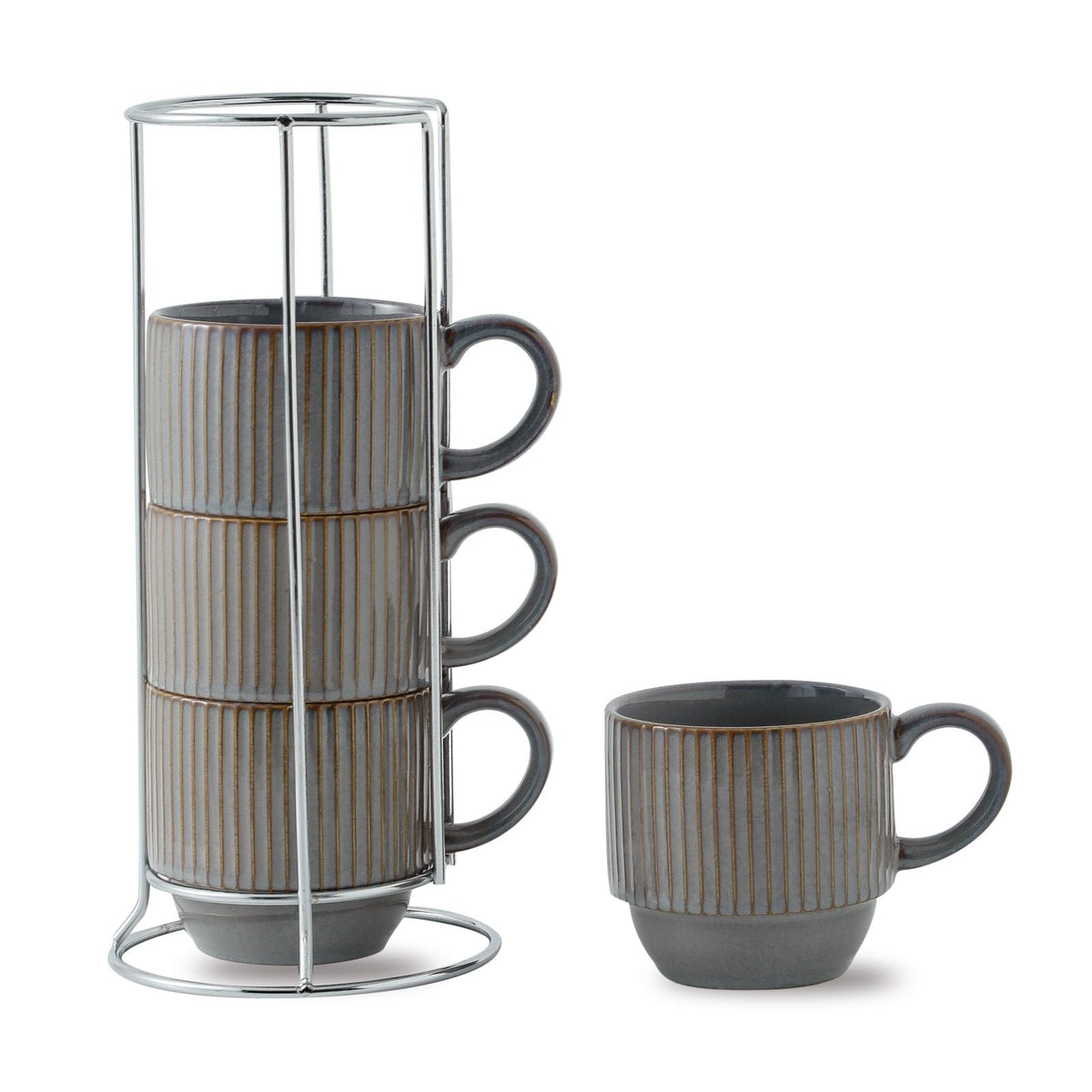 HASENSE Coffee Mug Ceramic Set of 4 with Stand, Stackable Large Latte Cups with Metal Stand, Dishwasher & Microwave Safe, Black for Cappuccino Tea Hot Cocoa