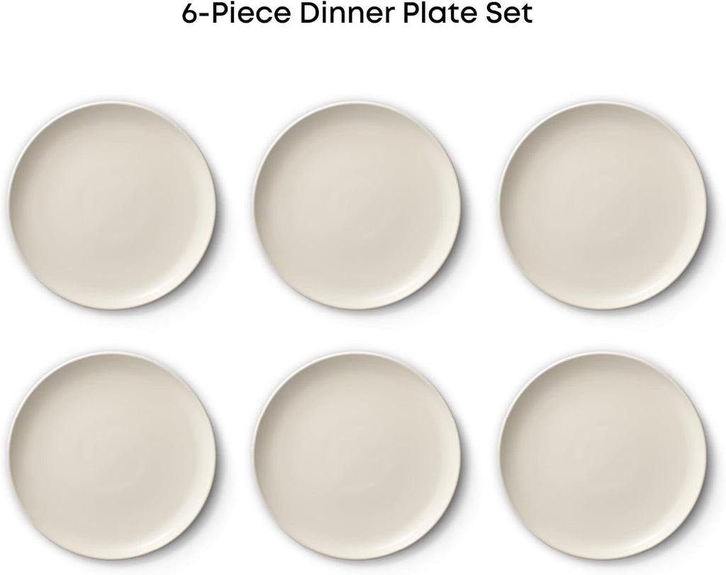 JoyJolt Mesa Stoneware Dinner Plates Set of 6, 10.5” Dish Set, Dishwasher and Microwave Safe Plate Set, Modern Rustic Dinnerware, Kitchen Serving Dishes - Matte White (Linen)