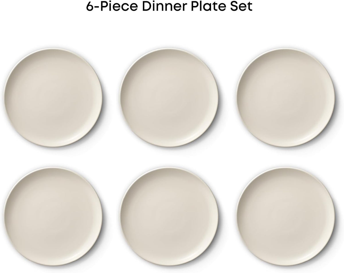 JoyJolt Mesa Stoneware Dinner Plates Set of 6, 10.5” Dish Set, Dishwasher and Microwave Safe Plate Set, Modern Rustic Dinnerware, Kitchen Serving Dishes - Matte White (Linen)