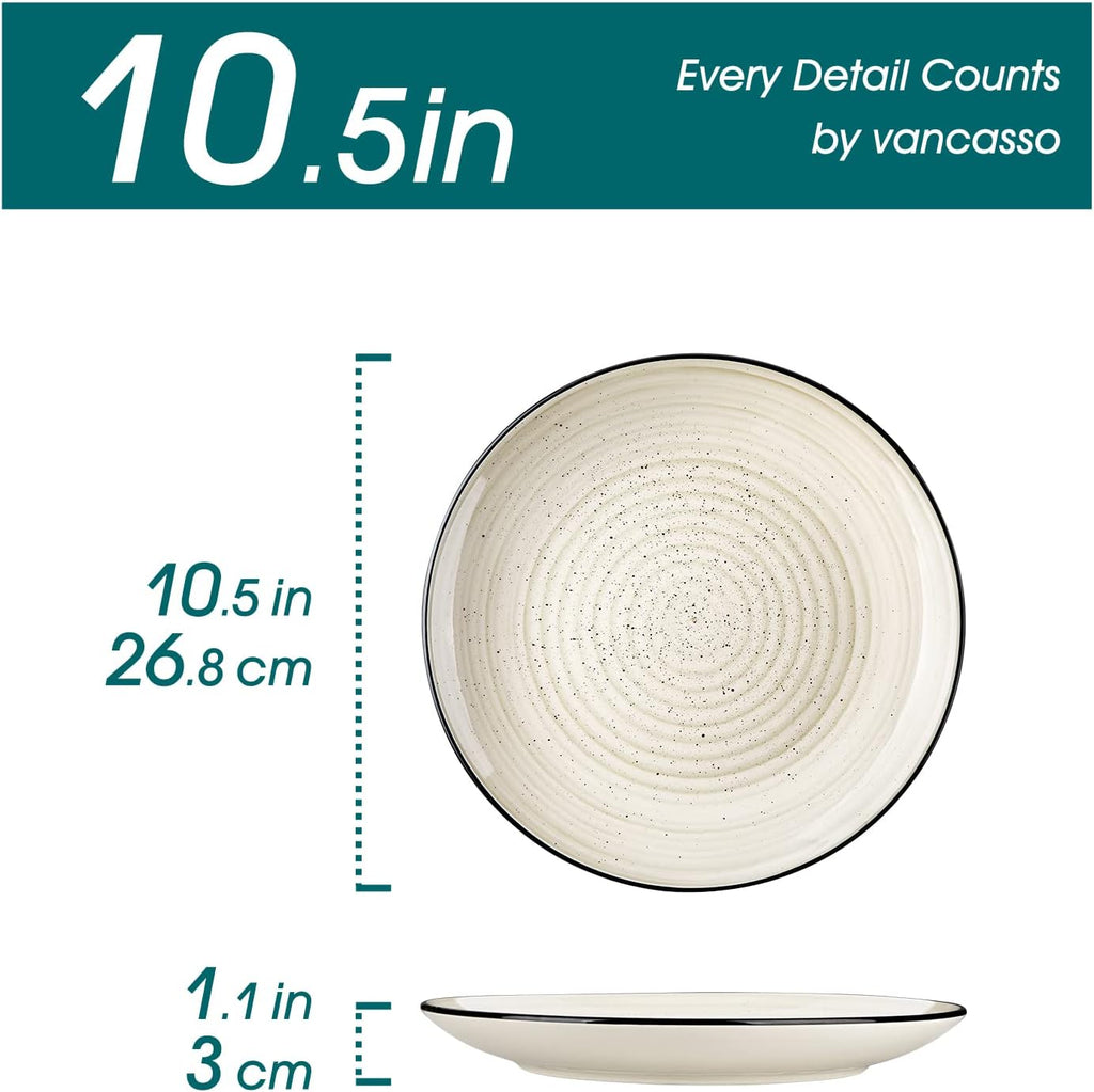 Bonbon Dinner Plates Set of 6, 10.5 Inch Ceramic Dinner Pasta Plates, Large Dinnerware Plate for Kitchen, Microwave & Dishwasher Safe Serving Bowls, Beige