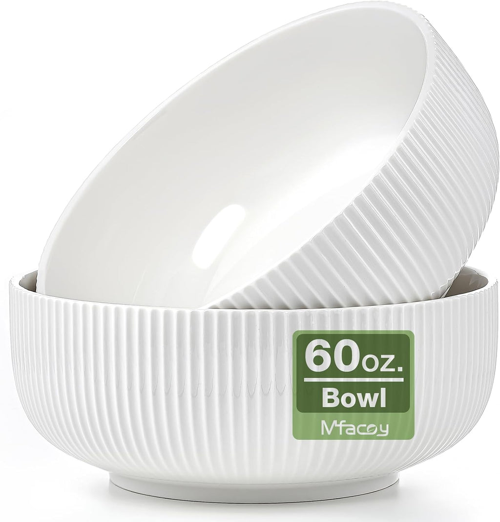 Mfacoy 2 Pack Salad Bowl, 8 inch 60 oz Large Serving Bowl Set, Deep Bowl for Kitchen, White Ceramic Bowl Set for Soup, Cereal, Ramen, Pasta, Salad, Dishwasher & Microwave Safe, Easy Clean