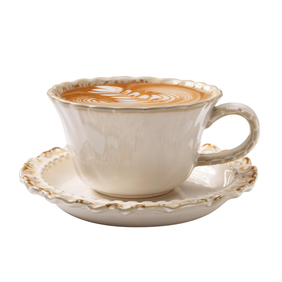 Vintage Porcelain Coffee Cup and Saucer Set, 12 OZ Ceramic Latte Mug - Farmhouse Cappuccino Cups for Espresso and Turkish Coffee, Artisan Tea Cups, Great Barista Gift for Home Cafe