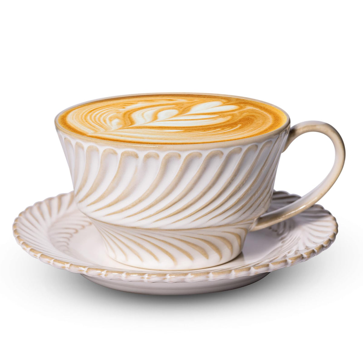 Latte Cup with Saucer, 12 OZ Cappuccino Cup Vintage Cafe Art Cups for Espresso Turkish Coffee, Farmhouse Latte Mugs Tea Cups and Saucers Porcelain Set Christmas Gift