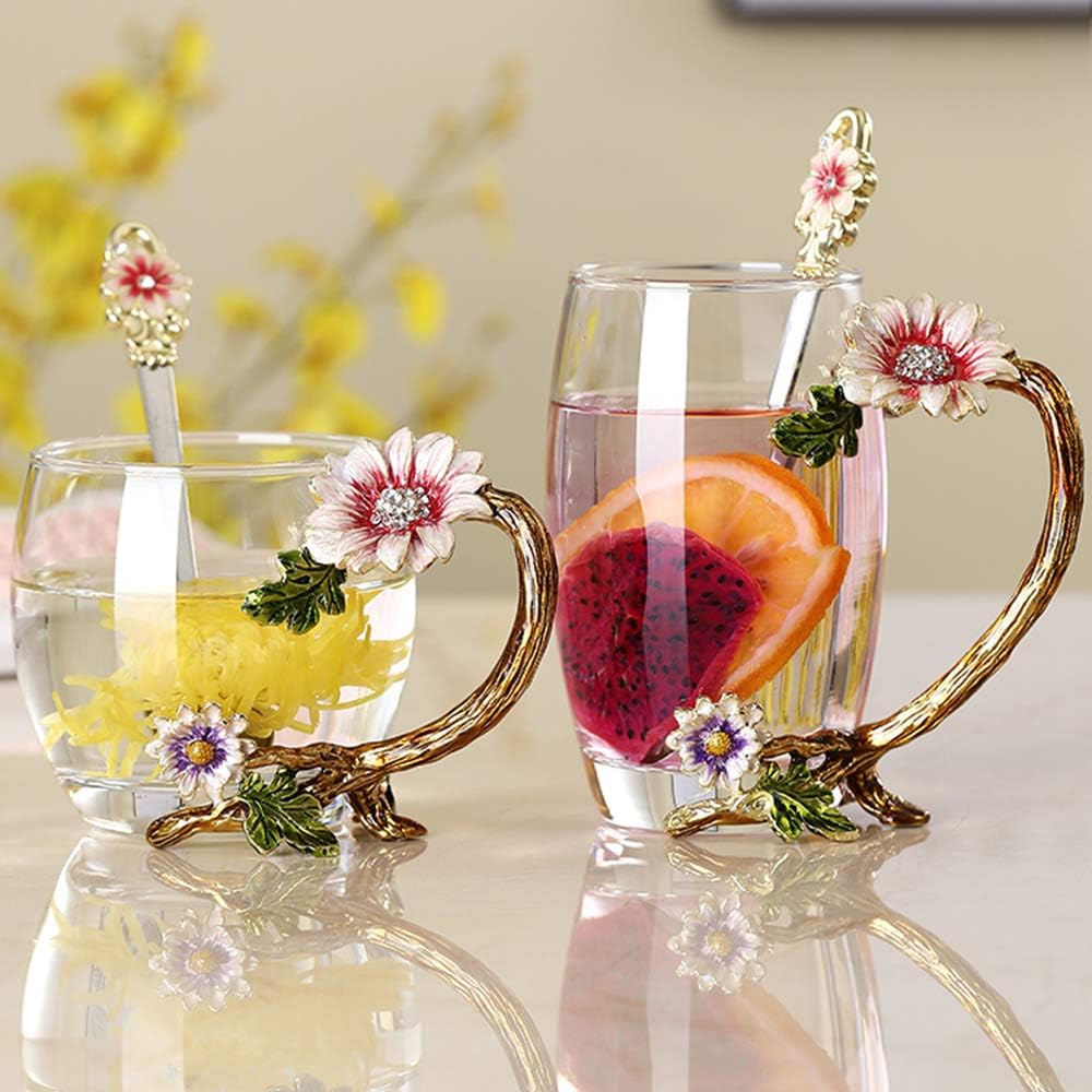 Enamel Sunflower Crystal Lead-Free Glass Tea Cup with Spoon Set, Present for The Christmas, Valentine's Day.Best Present for Mother, Grandma, Girlfriend, Sister.