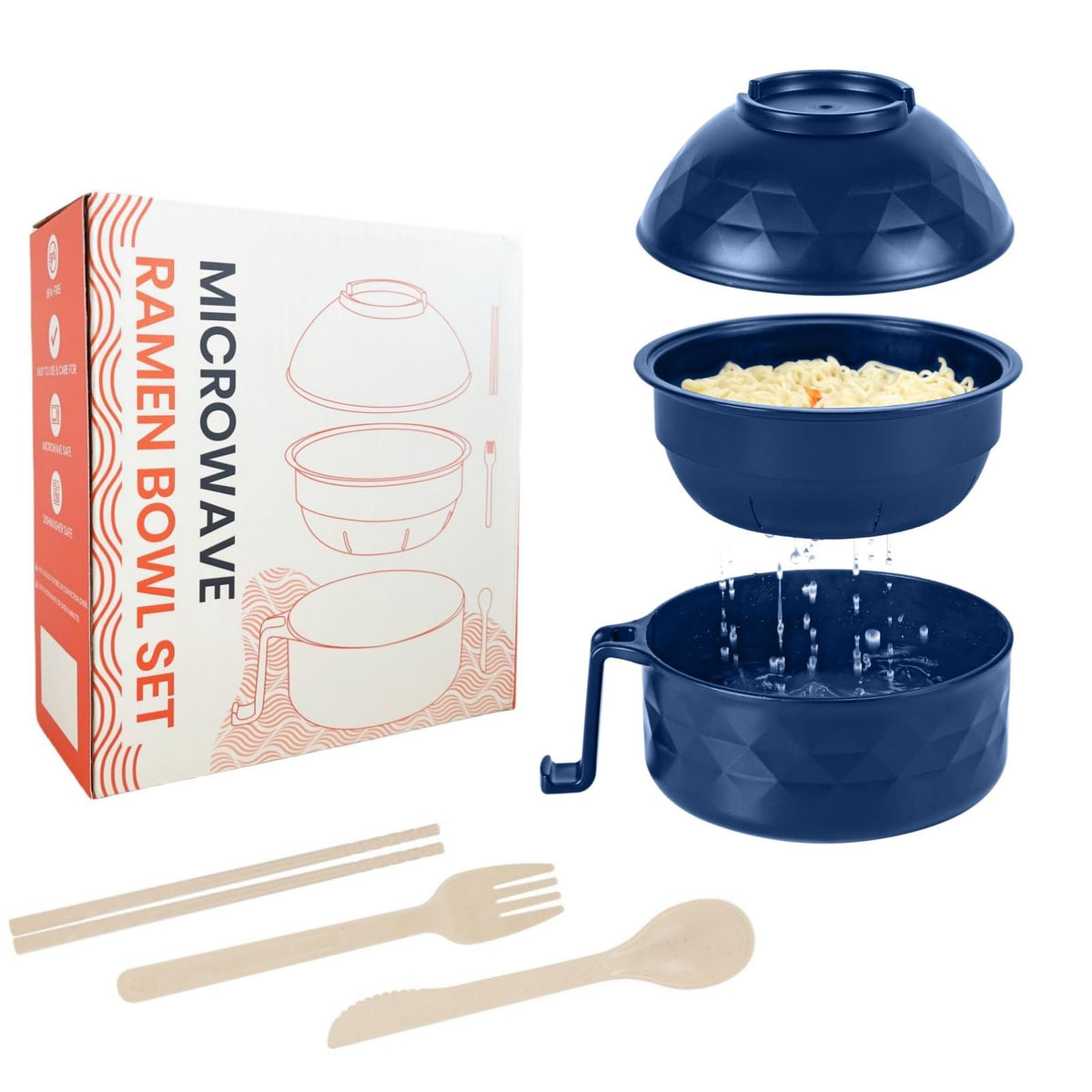Microwave Ramen Cooker,Ramen Bowl Set,Microwave Noodle Bowl With Chopsticks and Spoon, College Dorm Room Essentials for Girls for Boys, Apartment Essentials, BPA-Free. (Deep Blue)