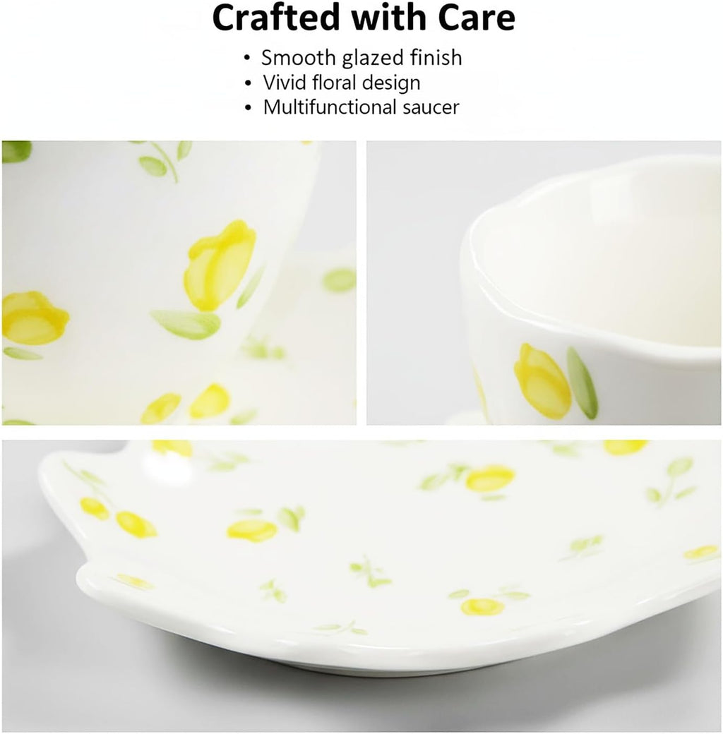 Unique Ceramic Tea Cup and Saucer Set, Coffee Mug, Cup and Saucer Set, Cute Fancy Women's Day Girly Afternoon Tea Set, 5.4 oz/160 ml Vintage Style, For Women and Tea Parties, Yellow flowers