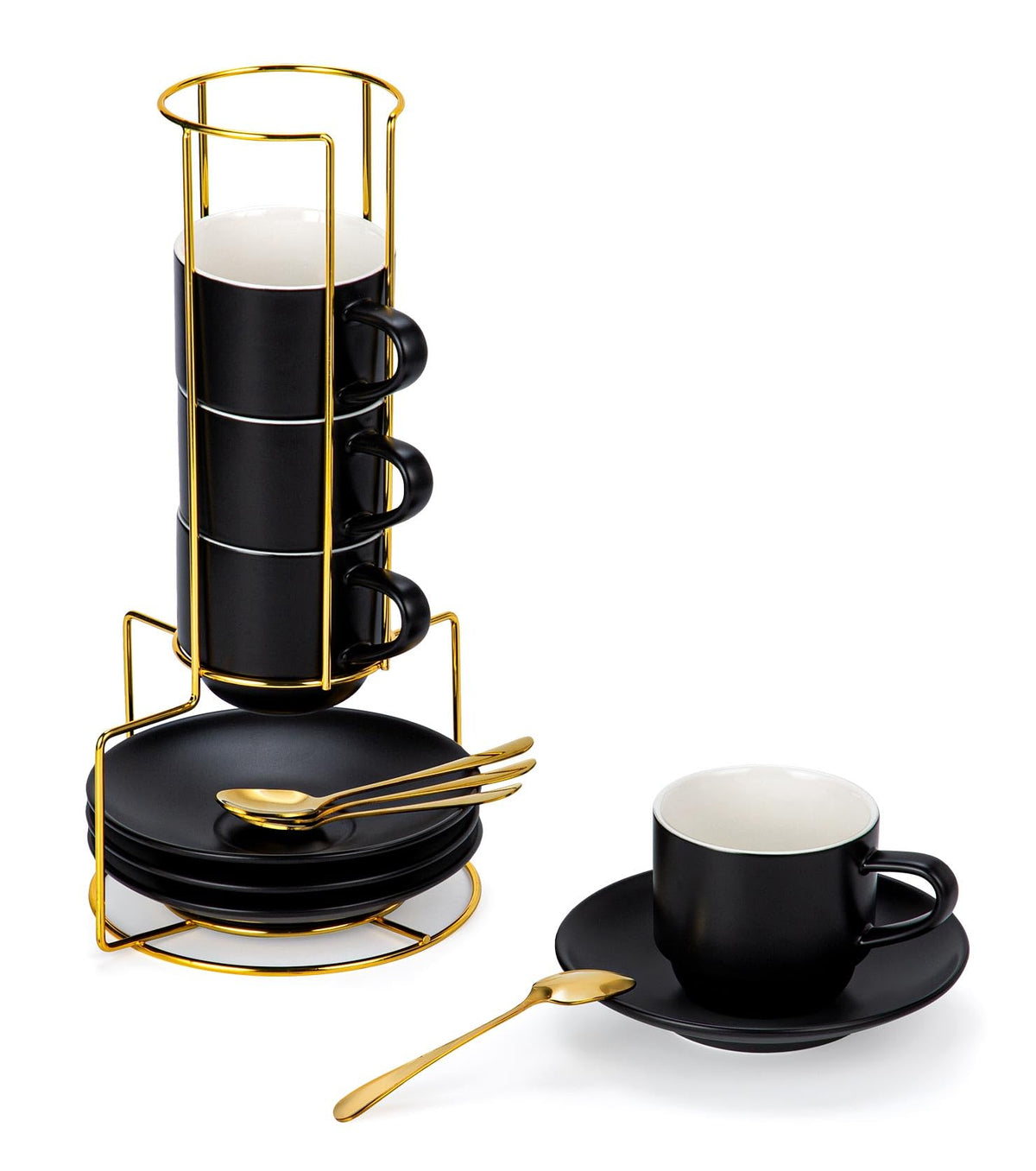 Lareina Porcelain 3-Ounce Espresso Cups Set of 6, Small Stackable Coffee Cups with Saucers, Spoons and Metal Stand - Ceramic Demitasse Mugs, Double Shots Expresso Cup, Matte Black