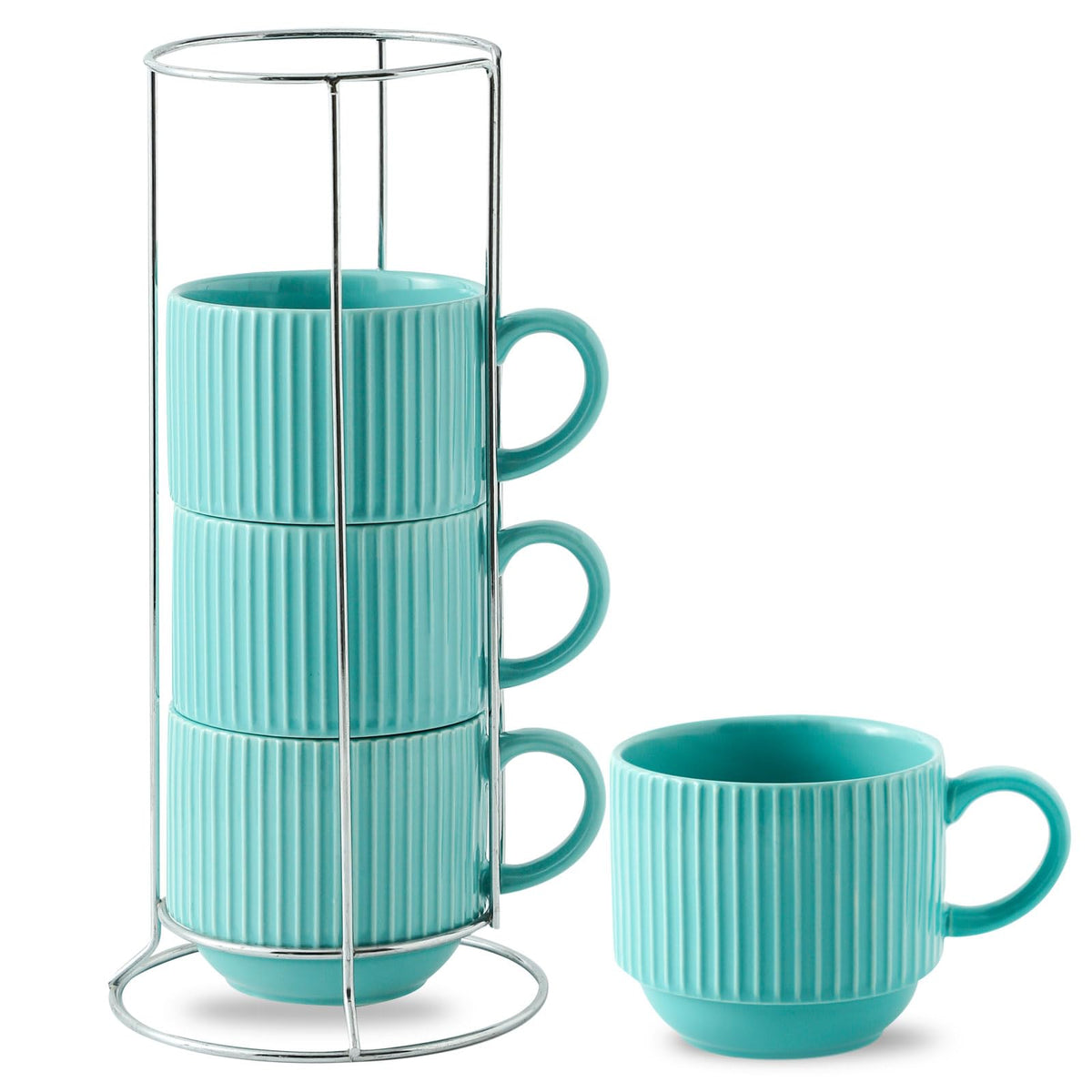 HASENSE Coffee Mug Ceramic Set of 4 with Stand, Stackable Large Latte Cups with Metal Stand, Dishwasher & Microwave Safe, Black for Cappuccino Tea Hot Cocoa
