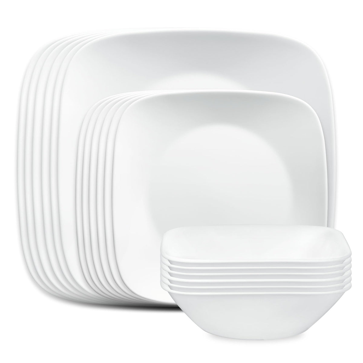 Corelle Vitrelle 18-Piece Service for 6 Dinnerware Set Triple Layer Glass and Chip Resistant, Lightweight Square Plates and Bowls Set, Simple Sketch