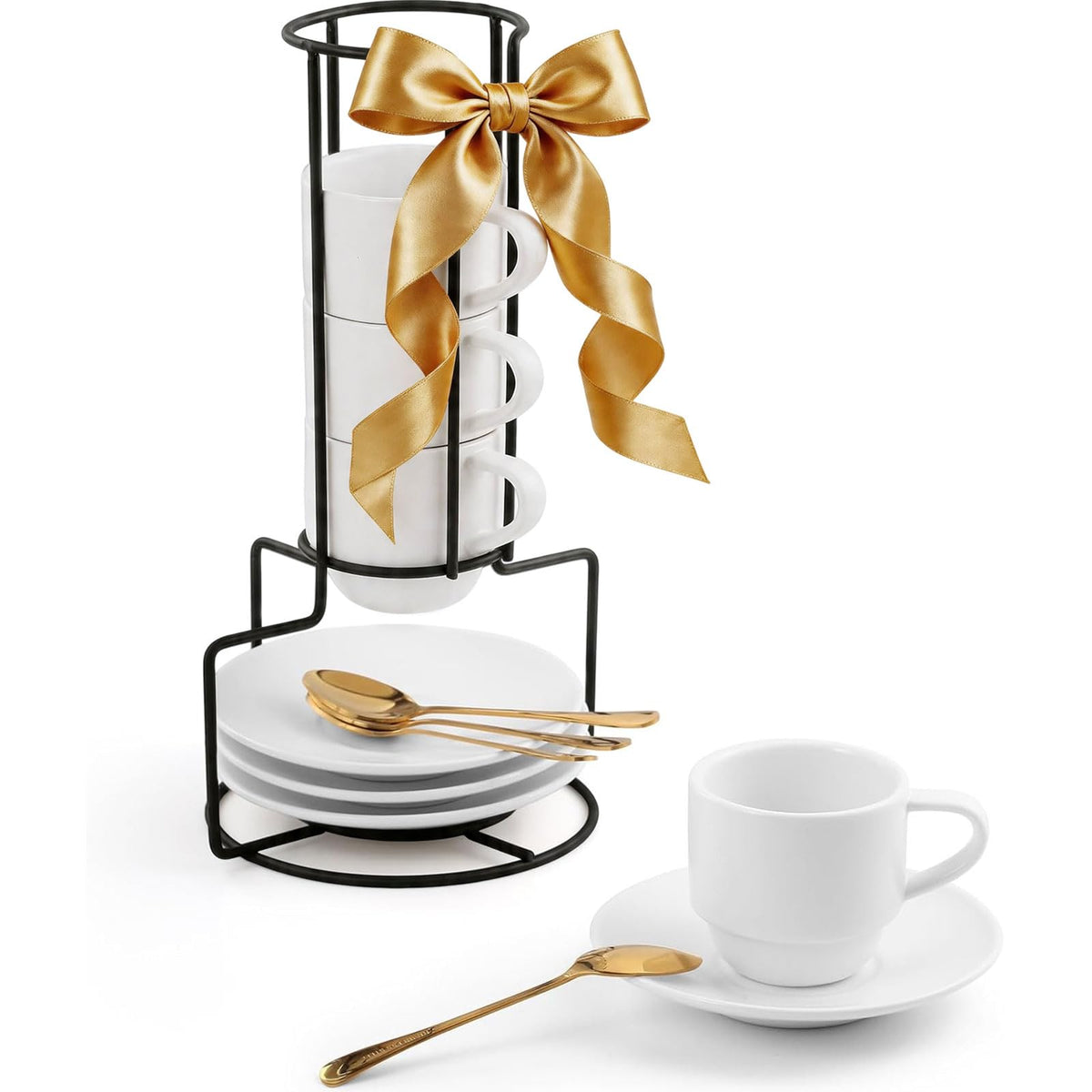 Lareina Porcelain 3-Ounce Espresso Cups Set of 6, Small Stackable Coffee Cups with Saucers, Spoons and Metal Stand - Ceramic Demitasse Mugs, Double Shots Expresso Cup, Matte Black