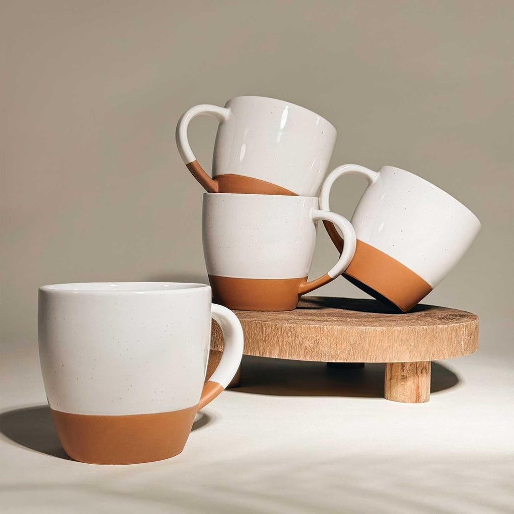 MORA Ceramic Large Latte Mug Set of 4, 16oz - Microwavable, Porcelain Coffee Cups With Big Handle - Modern, Boho, Unique Style For Any Kitchen. Microwave Safe Stoneware - Vanilla White