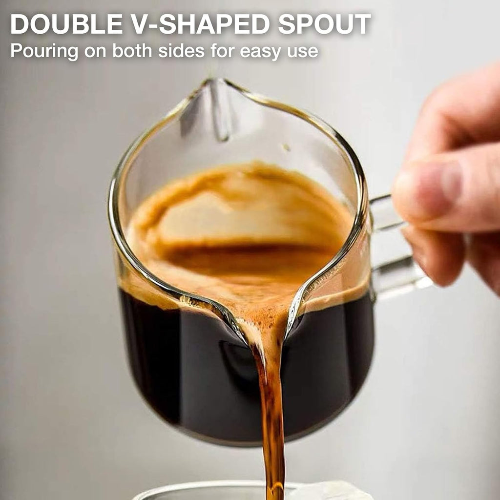 Qipecedm Espresso Cups Set of 2, 4 OZ Double Spouts Cups, Shot Glasses, Milk Cup with Handle, Clear Glass, Espresso Accessories for Machine, Small