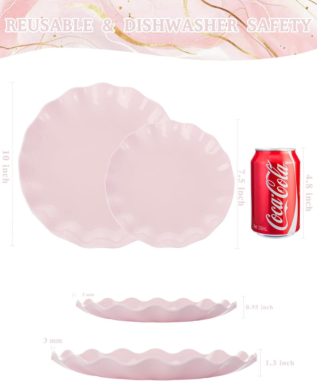 LIYH 24 Pcs Pink Plastic Plates for Party, Reusable, Scalloped, 12 Guests
