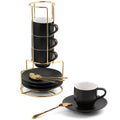 Lareina Porcelain 3-Ounce Espresso Cups Set of 6, Small Stackable Coffee Cups with Saucers, Spoons and Metal Stand - Ceramic Demitasse Mugs, Double Shots Expresso Cup, Matte Black