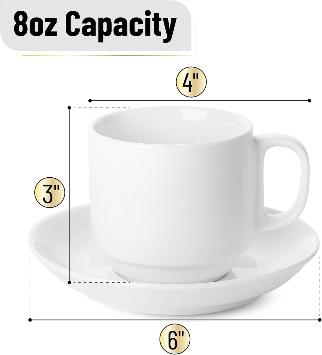 BTaT- Stackable Tea Cups and Saucers, White, Set of 6 (8 oz), Cappuccino Cups, British Coffee Cups, Porcelain Tea Set
