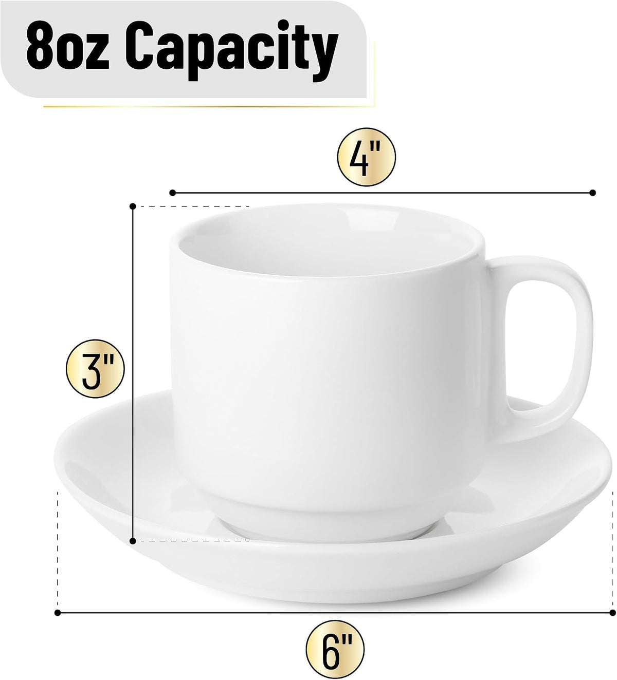BTaT- Stackable Tea Cups and Saucers, White, Set of 6 (8 oz), Cappuccino Cups, British Coffee Cups, Porcelain Tea Set