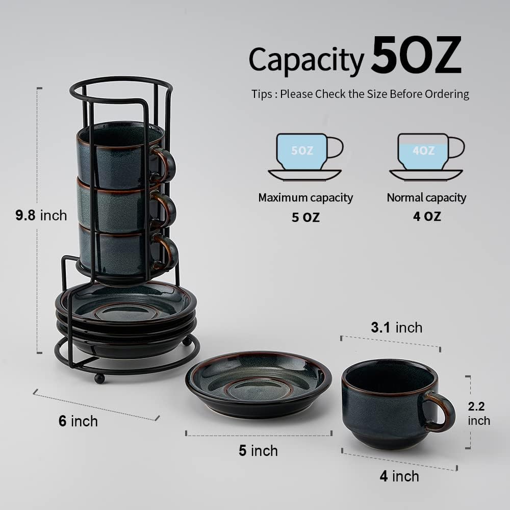 JIEMEI HOME Porcelain Stackable Espresso Cups with Saucers and Metal Stand, 4 Ounce Demitasse Cups for Specialty Coffee Drinks, Latte, Tea Set of 4, Stackable Espresso Mugs, Kiln Tide Glaze