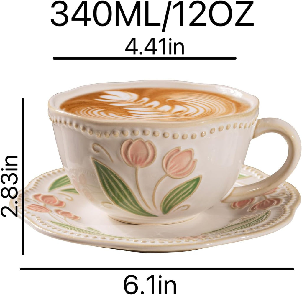 12oz Valley Ceramic Coffee Cup & Saucer Set for Cappuccino Tea Mug