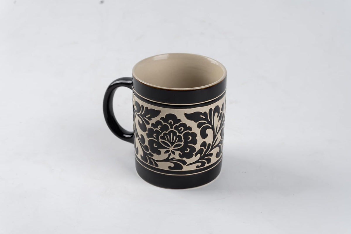 Hand-Carved Peony Band Black Glaze Straight Stoneware Mug, 17 oz