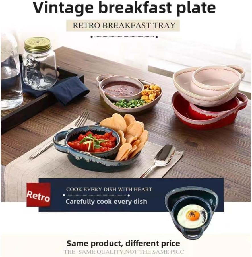 chip and dip plate,muticolor,Divided plate with Handle,Ceramic,Breakfast bowl,Oval,for salad,soup and sandwich plate combo, modern,for bread cracker, for Home and Restaurant, (blue+red)