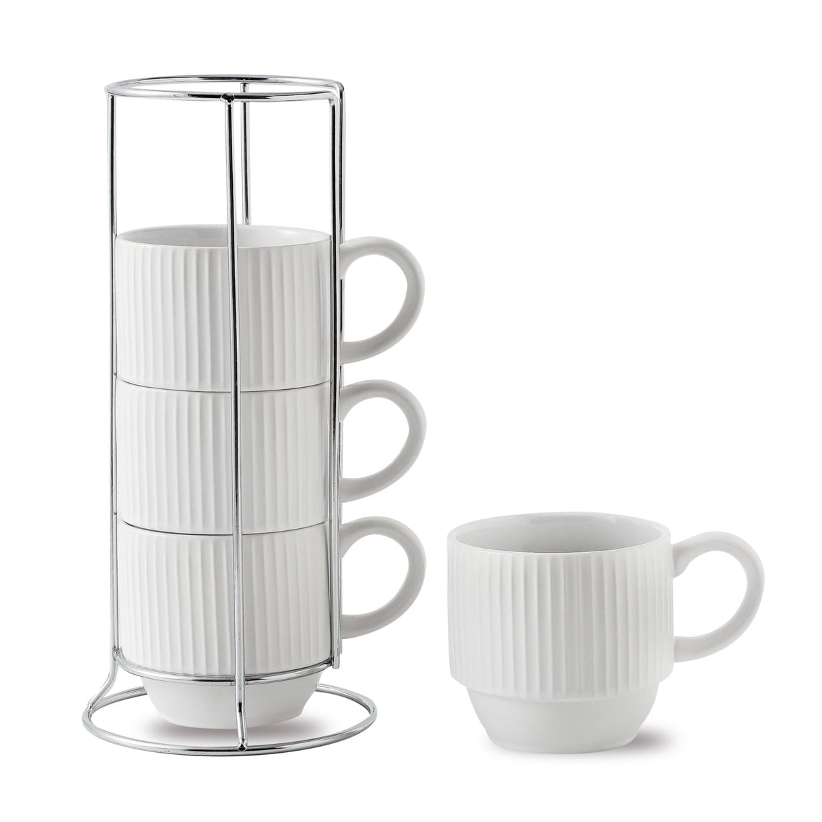 HASENSE Coffee Mug Ceramic Set of 4 with Stand, Stackable Large Latte Cups with Metal Stand, Dishwasher & Microwave Safe, Black for Cappuccino Tea Hot Cocoa