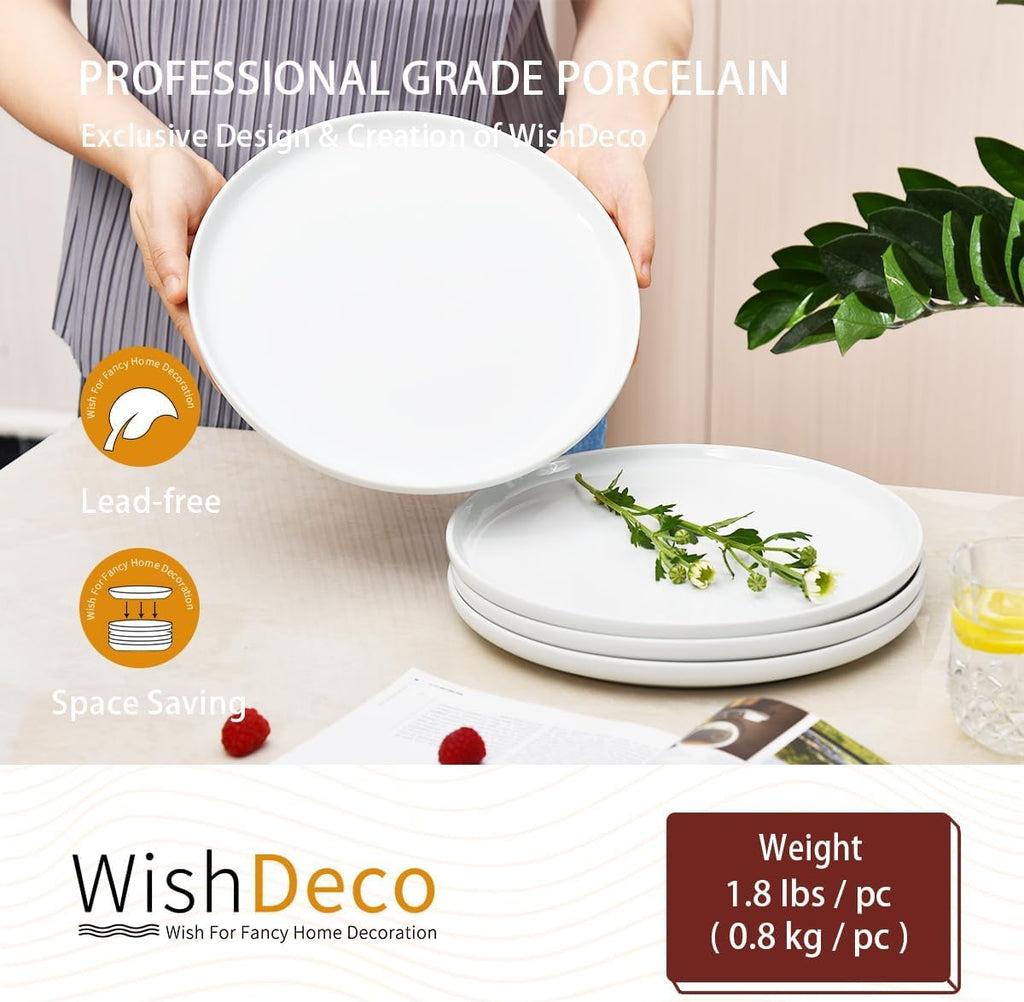 WishDeco White Dinner Plates Set of 4, Ceramic Dining Plates 10.5Inch