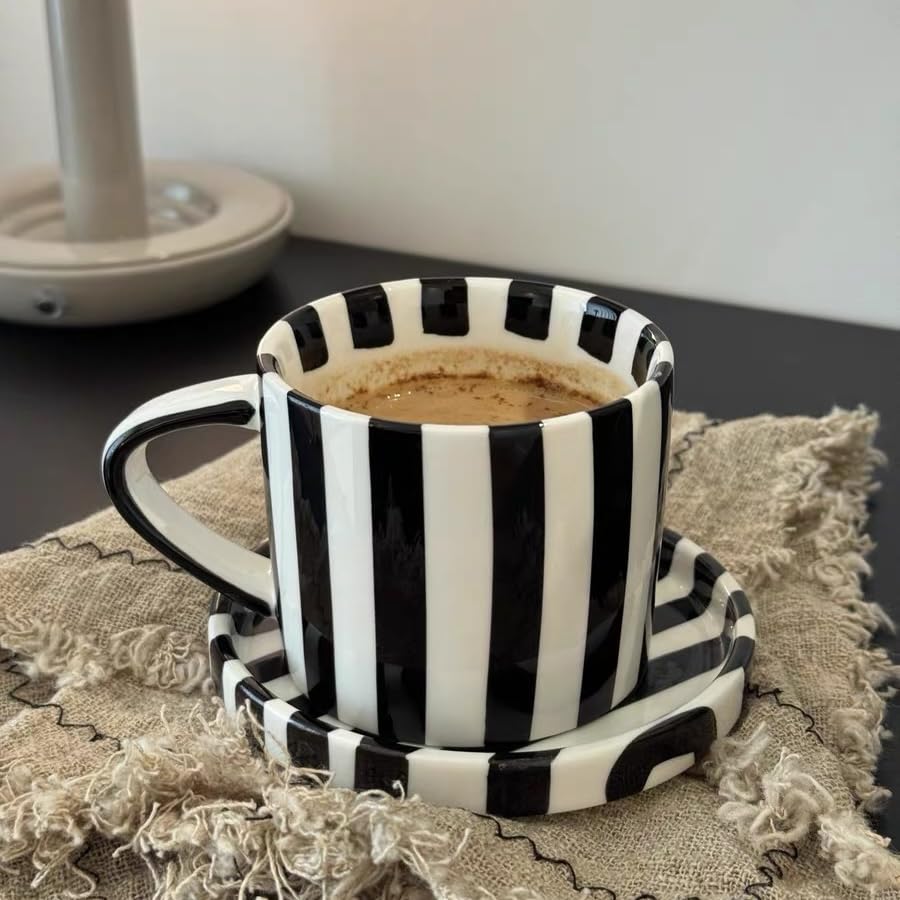 Small 8oz Stylish Handmade Striped Coffee Mug Espresso Cups With Saucer, Hand painted Esthetical Ceramic Cappuccino Mugs, Glazed Tea/Coffee Cup, Microwave safe tea cup with handle (Black)