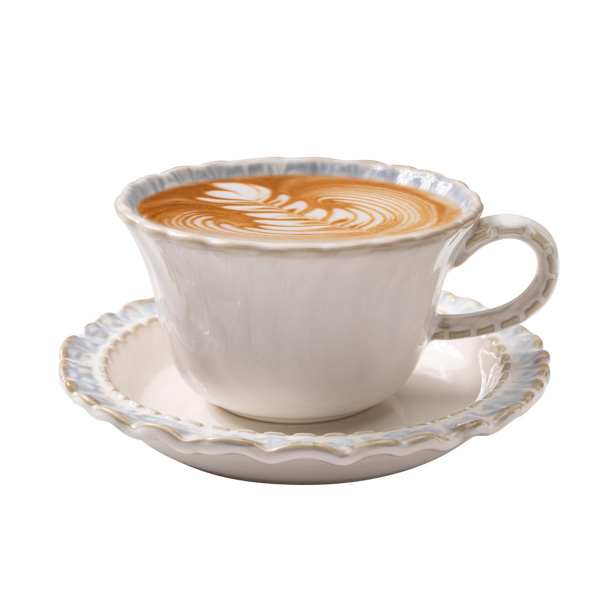 Vintage Porcelain Coffee Cup and Saucer Set, 12 OZ Ceramic Latte Mug - Farmhouse Cappuccino Cups for Espresso and Turkish Coffee, Artisan Tea Cups, Great Barista Gift for Home Cafe